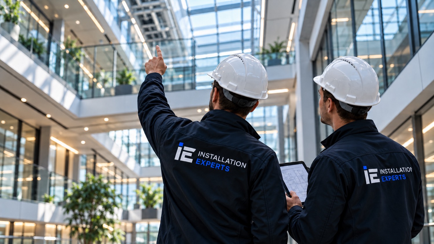 Installation Experts specialistai objekte su brėžiniais planšetėje